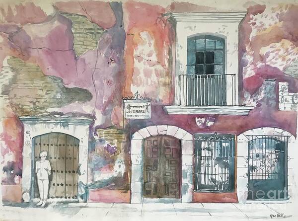 #oaxaca #street #streetscene #wall #doors #windows #watercolor #watercolorpainting #glenneff #picturerockstudio #thesoundpoetsmusic Poster featuring the painting Oaxaca Street by Glen Neff