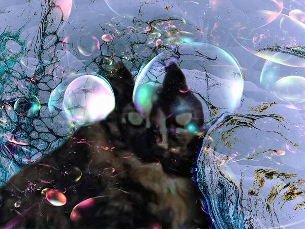 Black Gold Cat Bubbles Pink Poster featuring the digital art Out of Site Cat by Kathleen Boyles