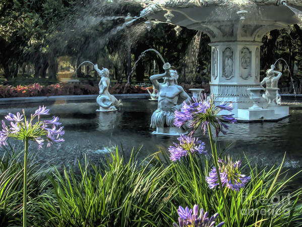 Forsyth Poster featuring the photograph Painted Flowers at Forsyth Park Fountain by Amy Dundon