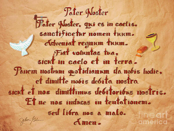 Catholic Poster featuring the drawing Pater Noster-Our Father-Latin-handwritten in Calligraphy with audio by John Grden's Wonky Designs and Fine Art