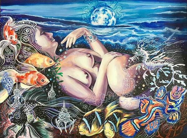 Moon Poster featuring the painting PEARL and SEA DRAGON by Yelena Tylkina