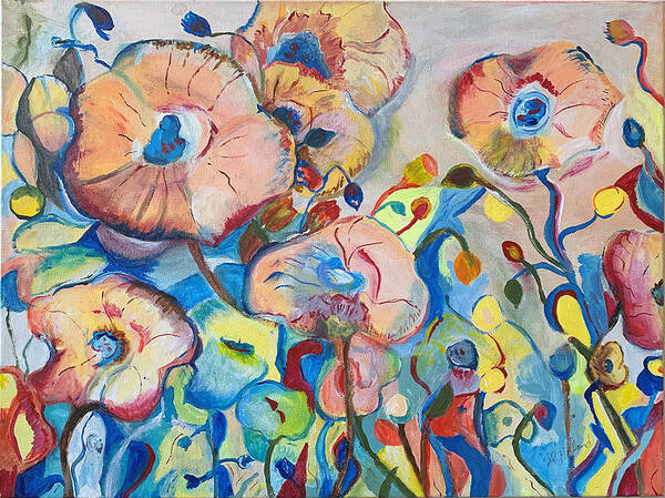 Abstract Poster featuring the painting Abstract poppies and blue by Genevieve Holland