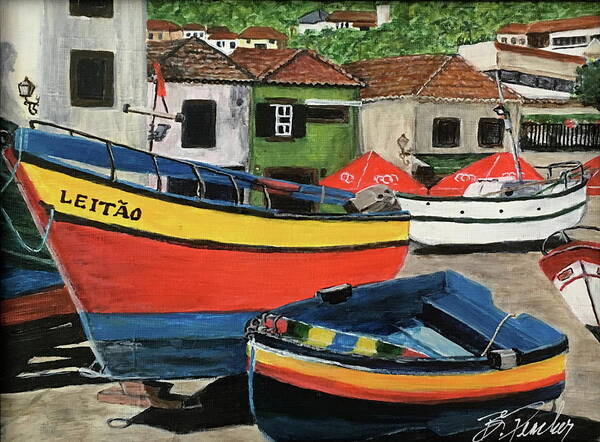 Portugul Poster featuring the painting Portuguese Fishing Boats by Bonnie Peacher