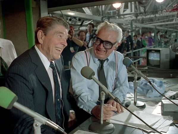 Oil On Canvas Poster featuring the digital art President Reagan visits with Harry Caray by Celestial Images