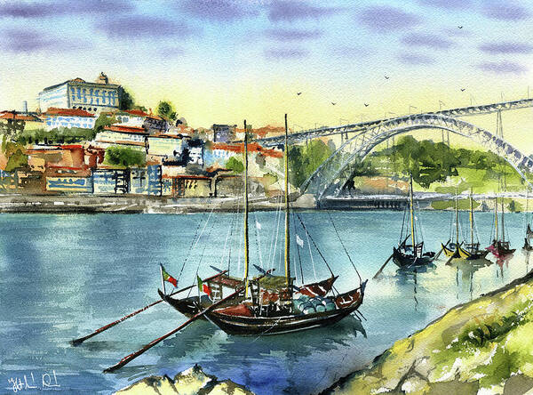 Portugal Poster featuring the painting Rabelo Boats in Porto by Dora Hathazi Mendes