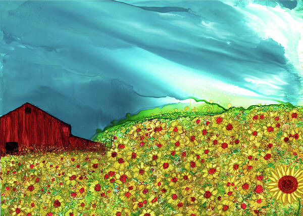 Sunflowers Poster featuring the painting Red Barn by Kimberly Deene Langlois