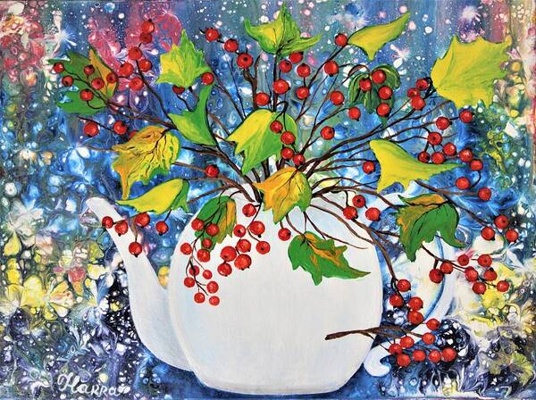 Wall Art Home Decor Red Berries Yellow Leaves Viburnum Red Teapot Abstract Painting Acrylic Painting Pouring Art Pouring Technique Gift Idea Gallery Art Poster featuring the painting Red Berries by Tanya Harr