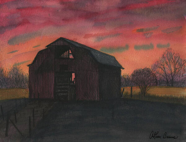 Barn. Sunset Poster featuring the painting Red Sky White Bluff by Arthur Barnes