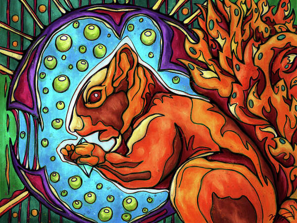 Red Squirrel Poster featuring the painting Red squirrel in futuristic forest setting by Nadia CHEVREL