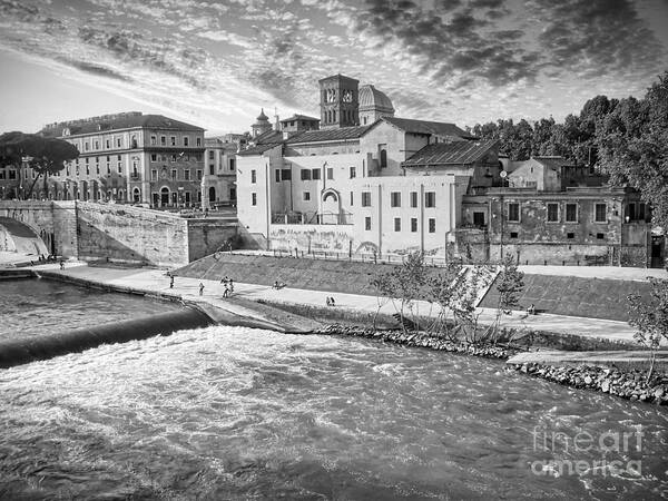 Trastevere Poster featuring the photograph Rome - Tiber River and Tiber Island Black and White by Stefano Senise