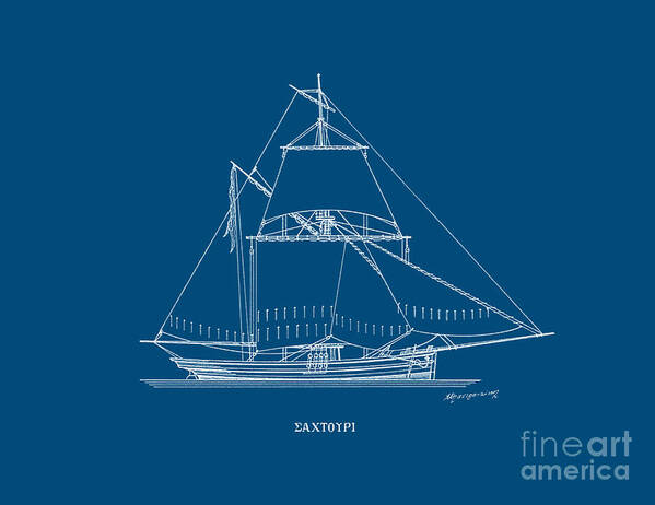 Sailing Vessels Poster featuring the drawing Sahtouri - traditional Greek sailing ship - Blueprint by Panagiotis Mastrantonis