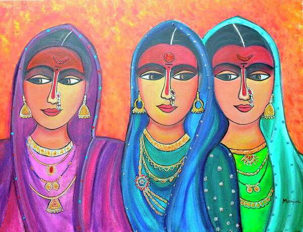 Ladies Poster featuring the painting Sakhi-Friends Forever Figure Painting On Canvas by Manjiri Kanvinde