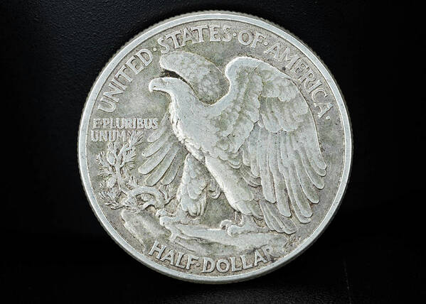 Silver Coin Poster featuring the photograph Silver Coins 1945 Walking Liberty Half Dollar Back by Amelia Pearn