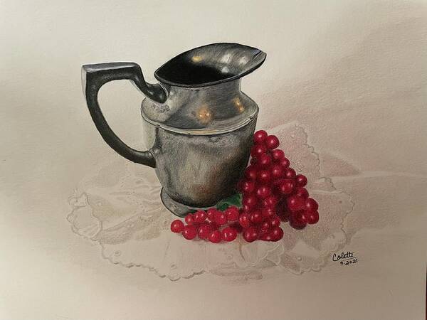 Silver Poster featuring the drawing Silver pitcher with grapes by Colette Lee