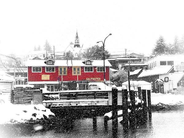 Selective Color Poster featuring the photograph Snowing Poulsbo Waterfront by Jerry Abbott