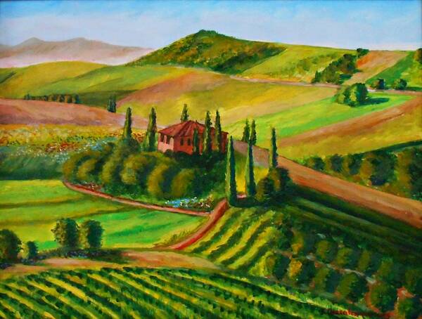 Green Poster featuring the painting Spring in Tuscany by Konstantinos Charalampopoulos