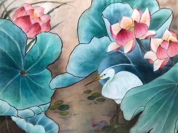 Lotus Poster featuring the painting Strolling in the Lotus Pond by Vina Yang