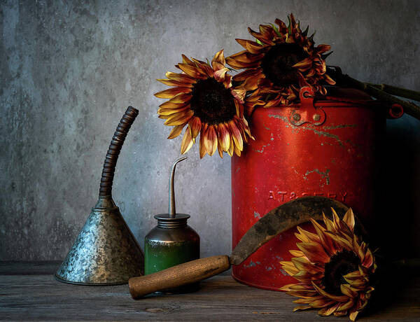 Sunflowers Poster featuring the photograph Sun Flowers on Shed Shelf by Connie Carr