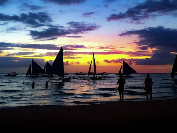 Sailboats Poster featuring the photograph Sunset and Sailboats in Boracay by Christine Ley