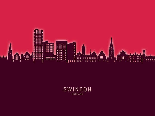 Swindon Poster featuring the digital art Swindon England Skyline #24 by Michael Tompsett