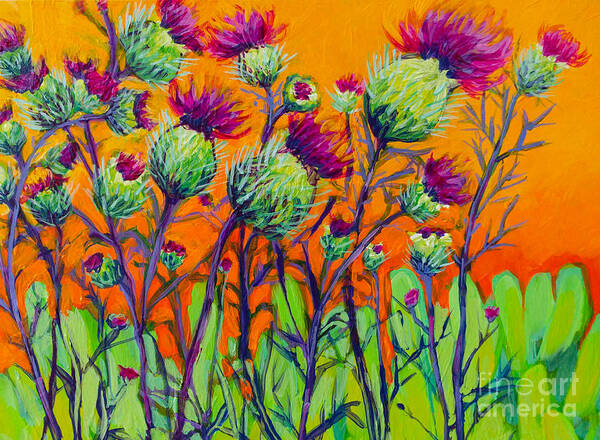 Thistle Flower Field Poster featuring the painting Thistle Flower Field - Colorful Painting by Patricia Awapara
