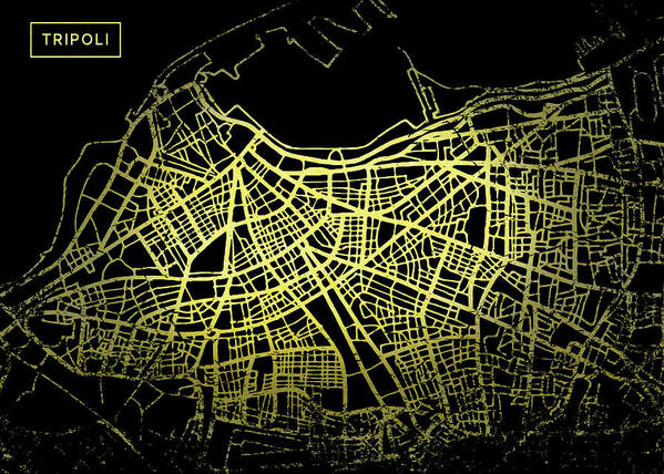 Map Poster featuring the digital art Tripoli Map in Gold and Black by Sambel Pedes