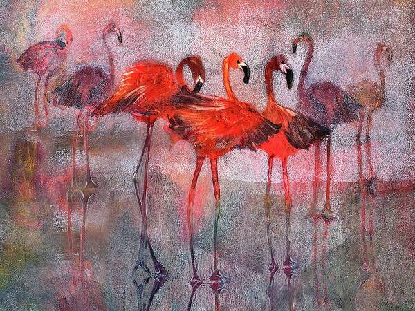 Flamingos Poster featuring the painting Turner's Flamingos by Lucy Lemay