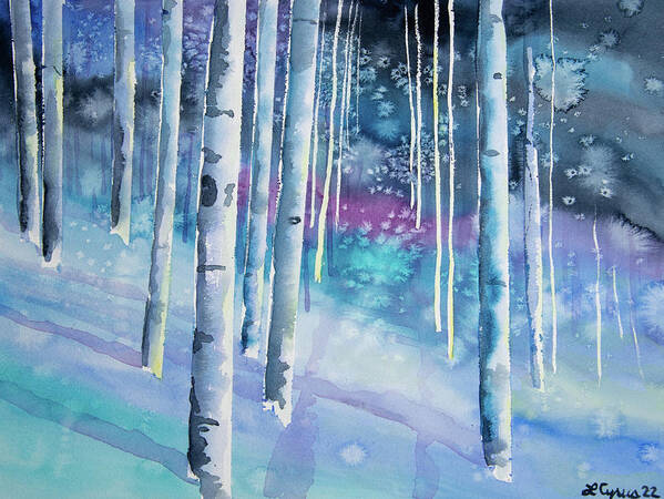 Aspen Poster featuring the painting Watercolor - Aspen on a Snowy Night by Cascade Colors