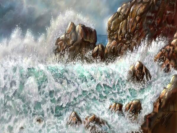 Wave Poster featuring the digital art Waves and Rocks by Darren Cannell