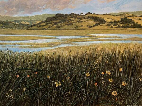 Hills Poster featuring the painting Wetlands Drakes Lagoon by William Stoneham