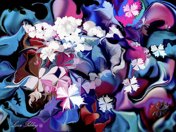 Digital Poster featuring the digital art White Flowers and Blues by Loxi Sibley