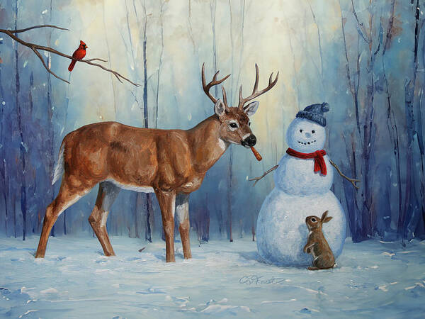 Christmas Poster featuring the painting Whitetail Deer and Snowman - Whose Carrot? by Crista Forest