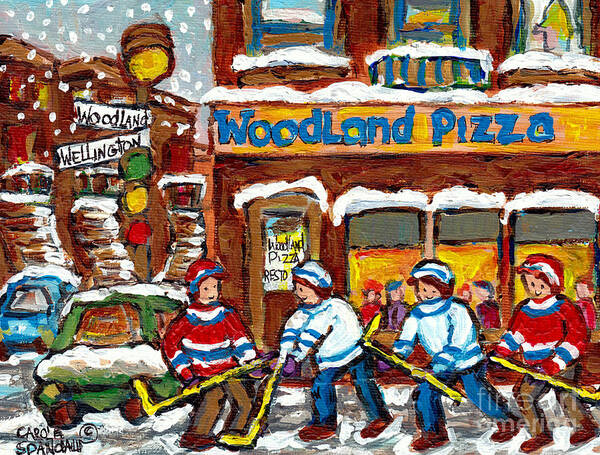 Restaurant Woodland Poster featuring the painting Woodland Pizza Famous Landmarks Verdun Montreal Street Hockey Painting Canadian Artist C Spandau Art by Carole Spandau