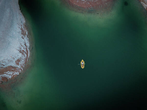 Blue Poster featuring the photograph Yellow Boat, green water, red rock by Ryan Lima