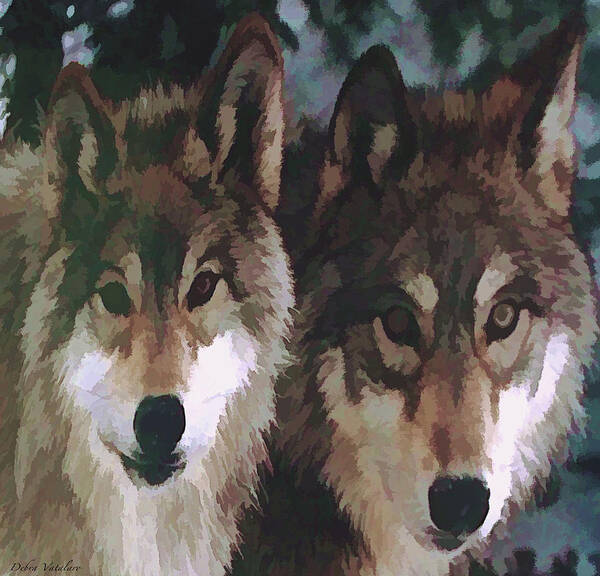 Wolf Couple Poster featuring the painting Together Forever Wolves by Debra   Vatalaro