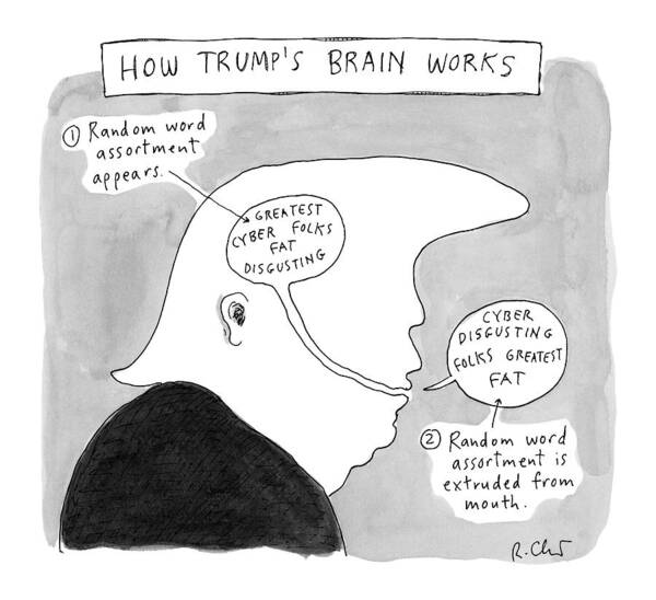 Title: How Trump's Brain Works Donald Trump Poster featuring the drawing New Yorker October 31st, 2016 by Roz Chast