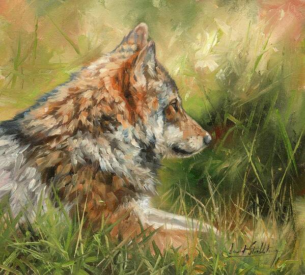 Wolf Poster featuring the painting Grey Wolf #6 by David Stribbling