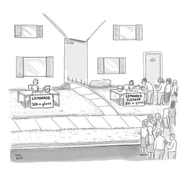 Lemonade Stand Poster featuring the drawing A Suburban Lemonade Stand Attracts No Business by Paul Noth