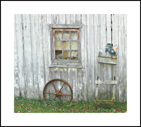 Barn Wood Window Wagon Wheel Ladder Rooster Tones Textures Country Charming Poster featuring the photograph Barnwood Decor by Dianne Lacourciere