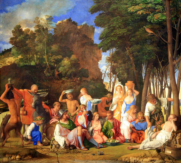 The Feast Of The Gods Poster featuring the photograph Bellini's Titian's The Feast Of The Gods by Cora Wandel