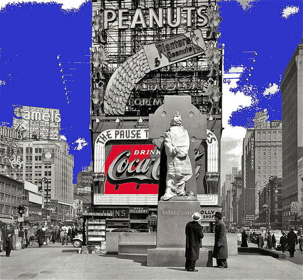 Fr. Duffy Statue Prior To Unveiling Coca Cola Sign Times Square New York City 1937 Poster featuring the photograph Fr. Duffy statue prior to unveiling Coca Cola sign Times Square New York City 1937-2014 by David Lee Guss