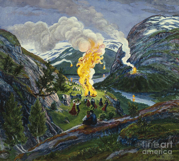 Landscape Poster featuring the painting Midsummer fire by Nikolai Astrup