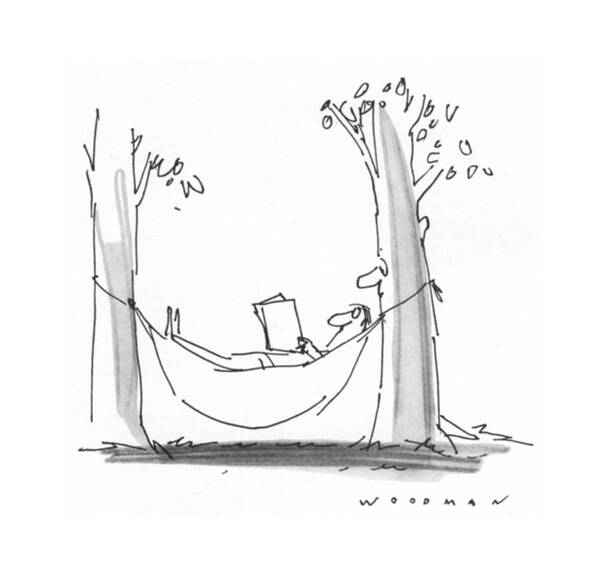 77339 Bwo Bill Woodman (man Is Reading In A Hammock As A Tree With A Face Reads Over His Shoulder.) Alive Book Books Environment Face Hammock Hammocks Landscape Landscapes Leisure Man Nature Outdoor Outdoors Over Read Reading Reads Relax Relaxation Relaxing Shoulder Tree Trees Poster featuring the drawing New Yorker July 26th, 1976 by Bill Woodman