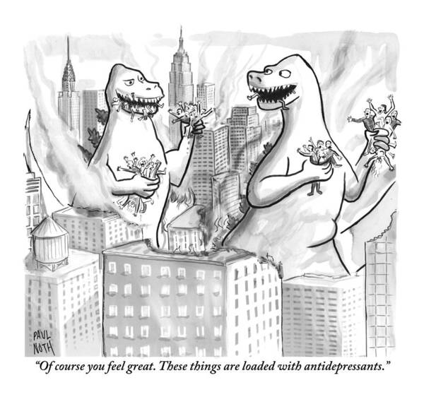 Godzilla Poster featuring the drawing Two Godzillas Talk To Each Other by Paul Noth
