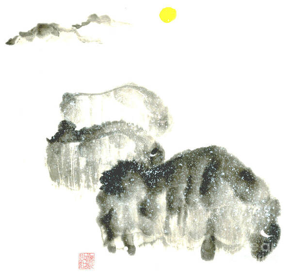 A Herd Of Bison Grazing In Snow. This Is A Contemporary Chinese Ink And Color On Rice Paper Painting With Simple Zen Style Brush Strokes.  Poster featuring the painting Bison In Snow II by Mui-Joo Wee