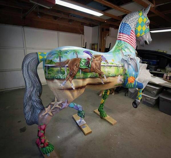 Painting Mural Life Size Fiberglass Horse Statue Breeders Cup 2017 Art Of The Horse California Harmony Waves Beach California State Flag Fish Poppy Poppies Us Flag Egret Blue Heron Horse Mask Race Horse California Chrome Palm Trees Tish Wynne Poster featuring the painting Breeders Cup Fiberglass Horse right back by Tish Wynne