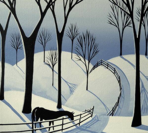 Folk Art Poster featuring the painting Country Winter Road - horse snow folk art by Debbie Criswell
