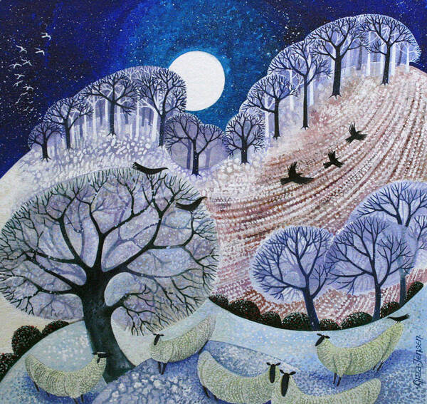Moon Poster featuring the painting First Snow Surrey Hills by Lisa Graa Jensen
