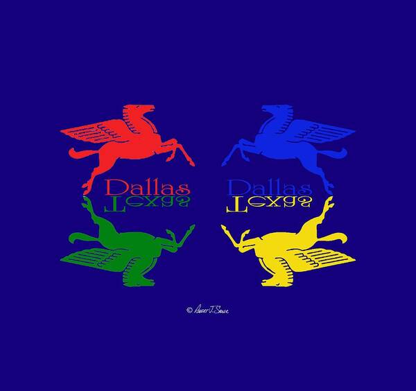  Poster featuring the digital art Flying Red Green Blue Yellow Horse Dallas Texas Reflections by Robert J Sadler