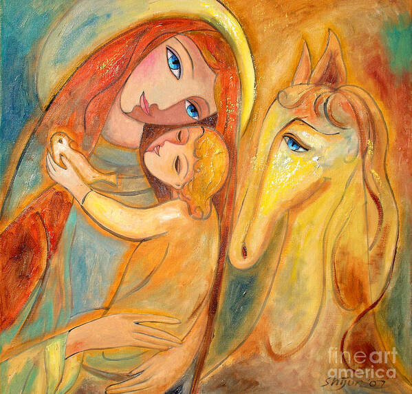 Mother And Child Poster featuring the painting Mother and Child on horse by Shijun Munns